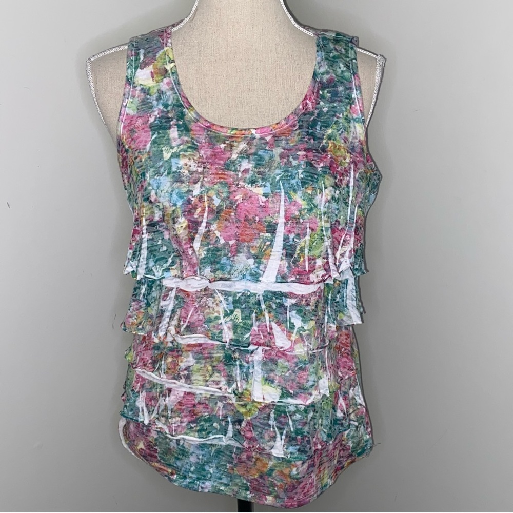 Coldwater Creek tiered floral burnout sleeveless tank top green pink sz Small 8